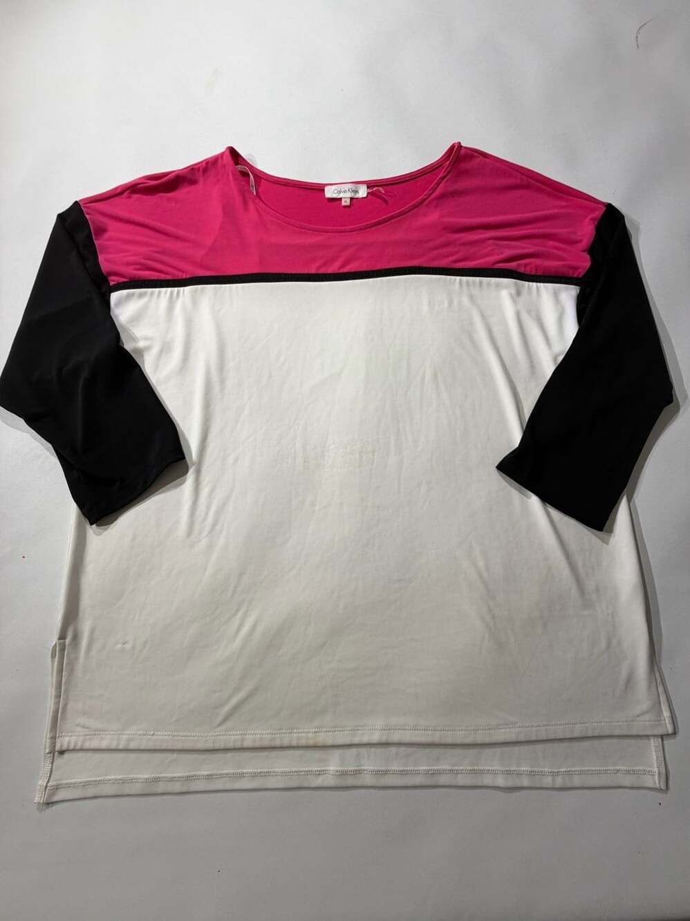 Calvin Klein XL Womens Colorblock Top Pink White Black 3/4 Sleeve Blouse